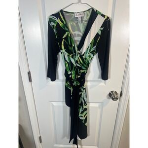Joseph Ribkoff Womens Faux Wrap Dress Tropical Leaf Print Black Green Size 10